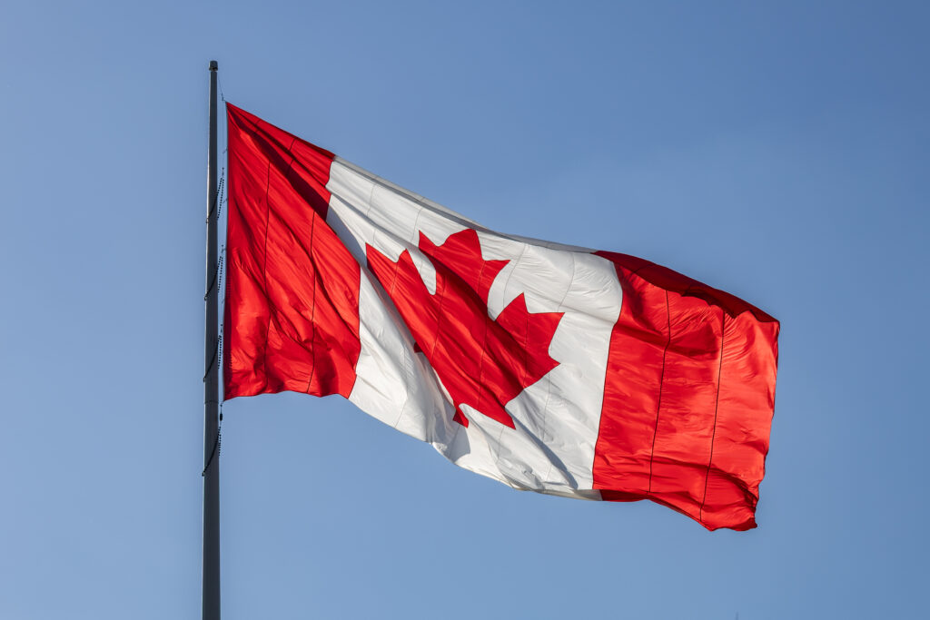 The Canadian flag flying in Windsor, Ontario