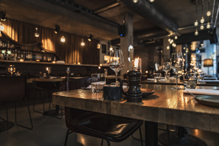 Restaurant dining room with warm lighting